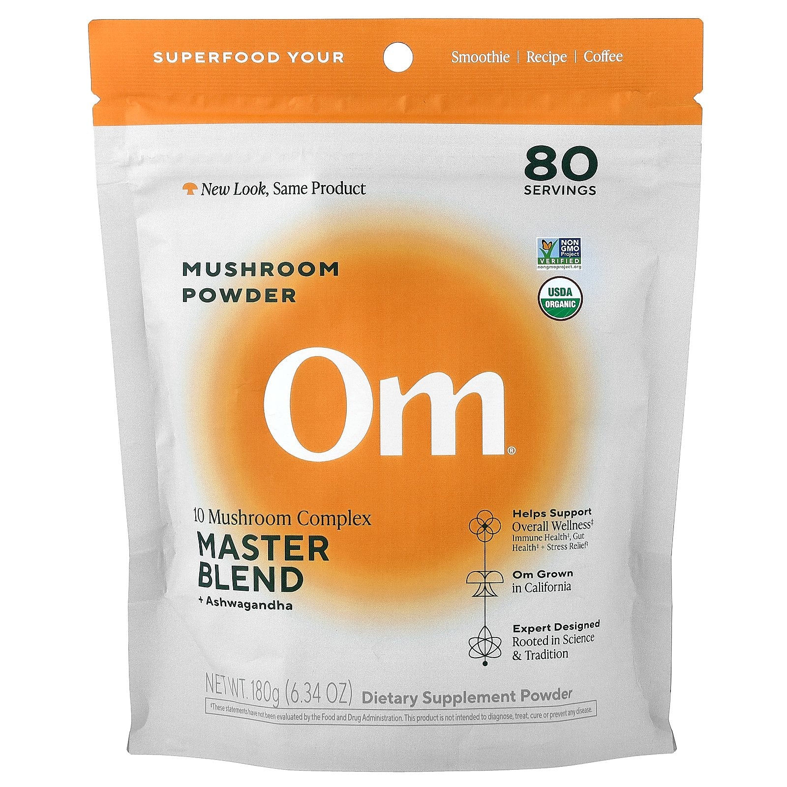 Om Mushrooms, Mushroom Powder, 10 Mushroom Complex, Master Blend + Ashwagandha, 6.34 oz (180 g)
