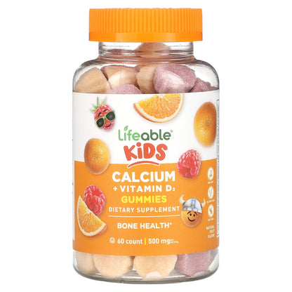 Lifeable, Kids Calcium + Vitamin D3 Gummies, Natural Fruit, 60 Gummies