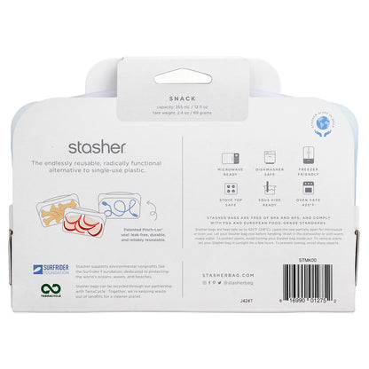 Stasher, Reusable Silicone Food Bag, Snack Size, Clear, 12 fl oz (355 ml)