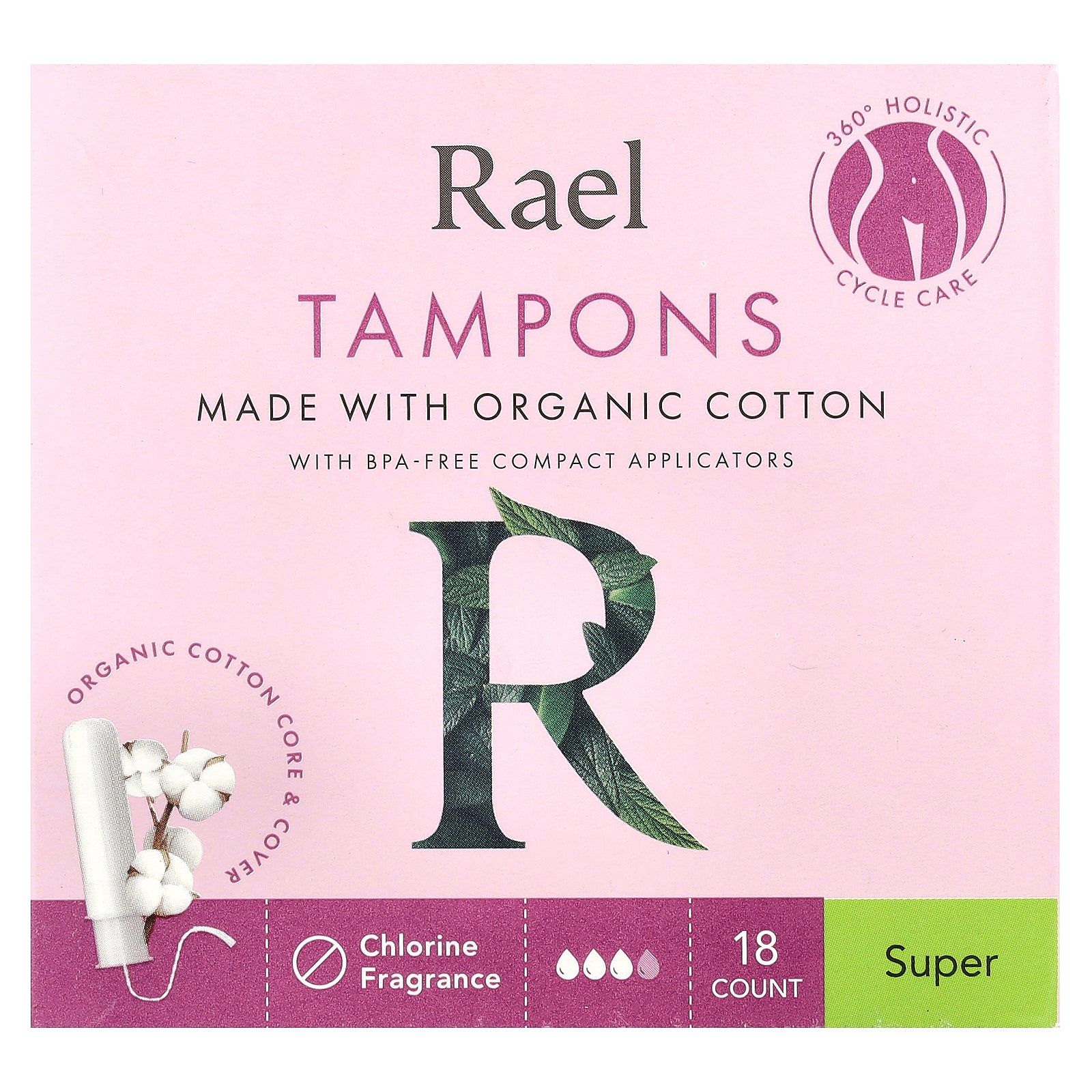 Rael, Organic Cotton Tampons, Super, Fragrance Free, 18 Count