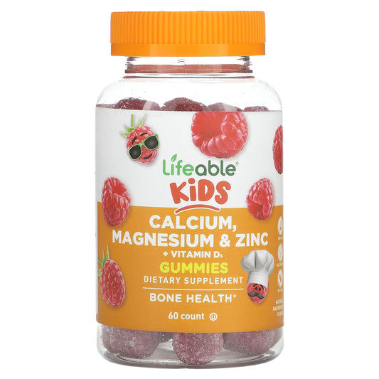 Lifeable, Kids Calcium, Magnesium & Zinc + Vitamin D3 Gummies, Natural Raspberry, 60 Gummies