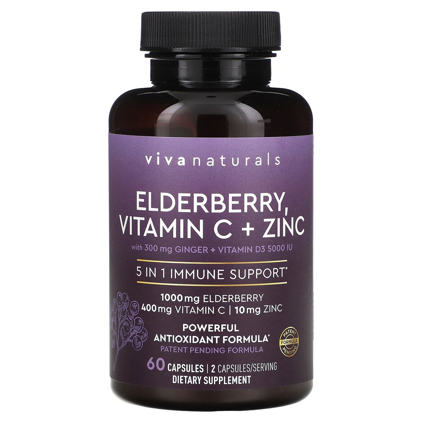 Viva Naturals, Elderberry, Vitamin C + Zinc, 60 Capsules