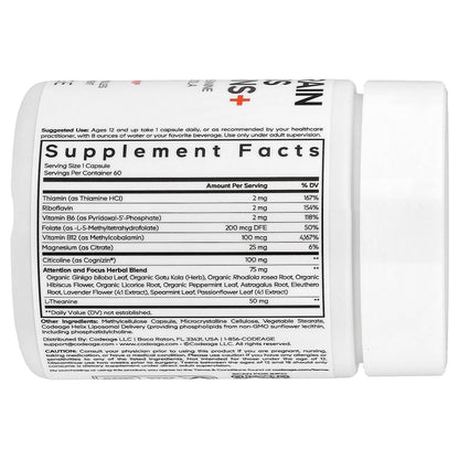 Codeage, Teen Brain Focus Vitamins+, 60 Vegetable Capsules