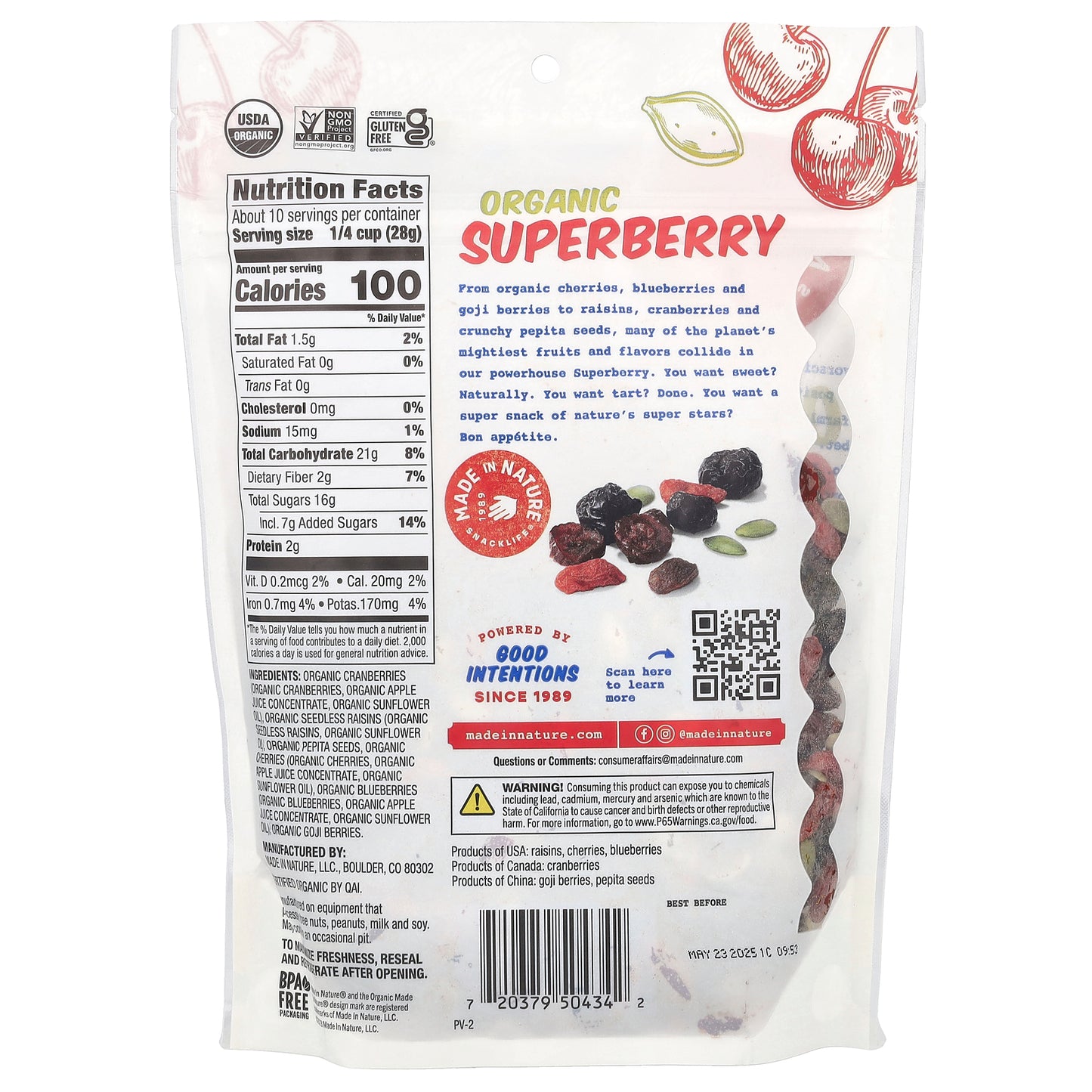 Made in Nature, Organic Superberry, Cranberries, Raisins, Cherries, Peptia Seeds, Blueberries & Goji Berries, 10 oz (284 g)