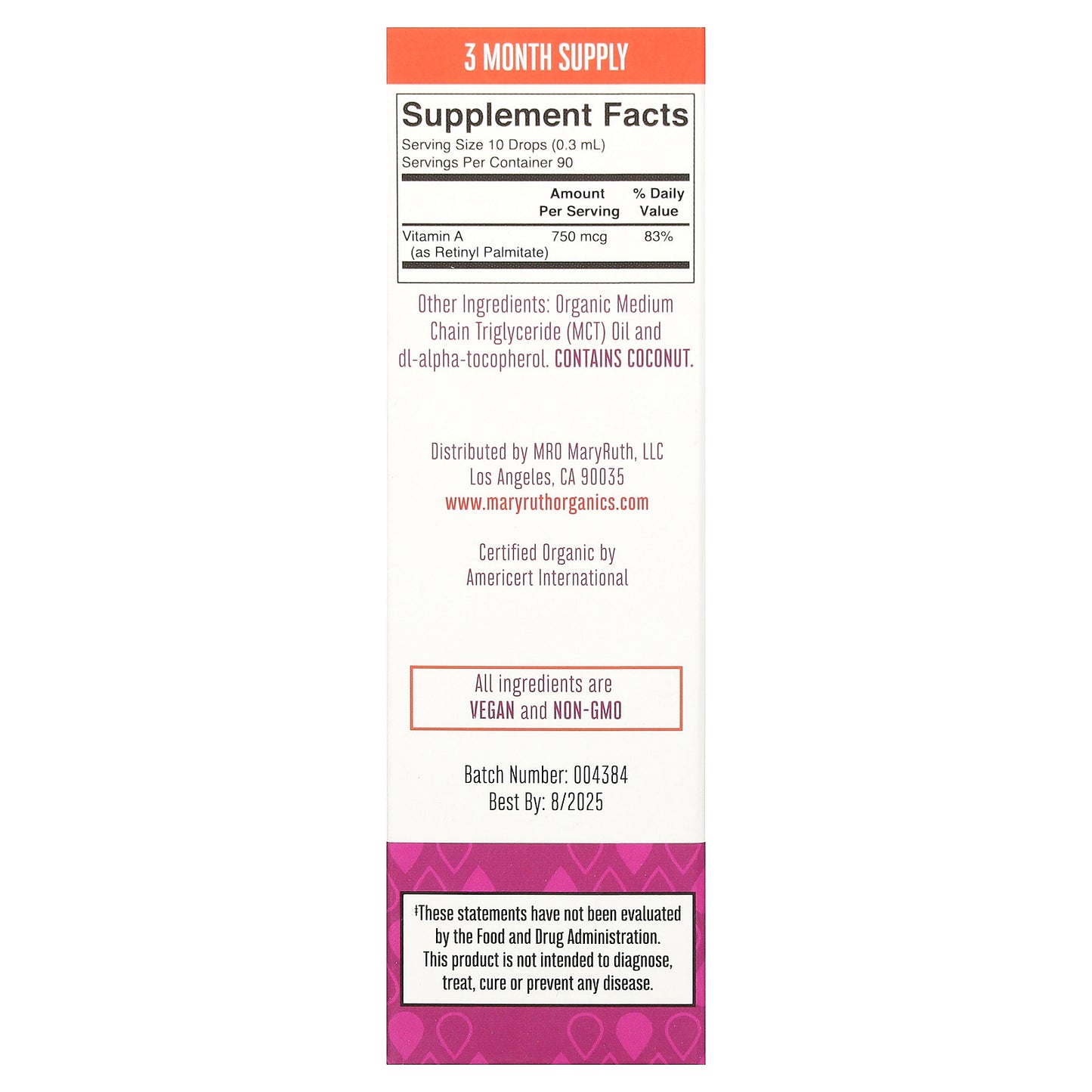 MaryRuth's, Organic Vitamin A Liquid Drops, Unflavored, 750 mcg, 1 fl oz (30 ml)