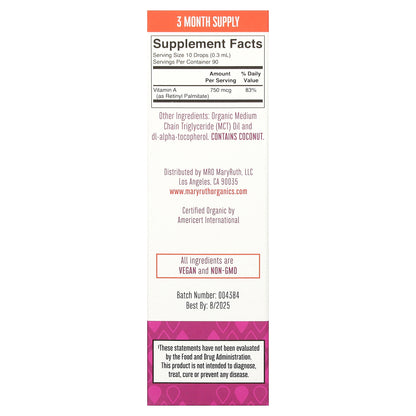 MaryRuth's, Organic Vitamin A Liquid Drops, Unflavored, 750 mcg, 1 fl oz (30 ml)