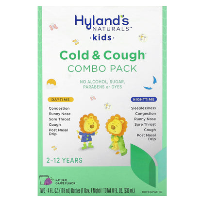 Hyland's Naturals, Kids, Cold & Cough Combo Pack, Daytime/Nighttime, Age 2-12 Years, Natural Grape, 2 Bottles, 4 fl oz (118 ml) Each