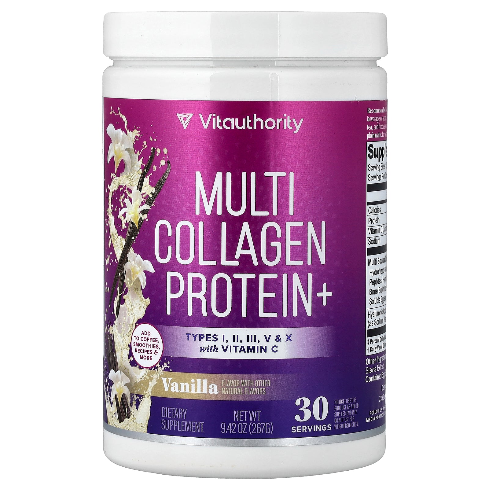 Vitauthority, Multi Collagen Protein+, Vanilla, 9.42 oz (267 g)