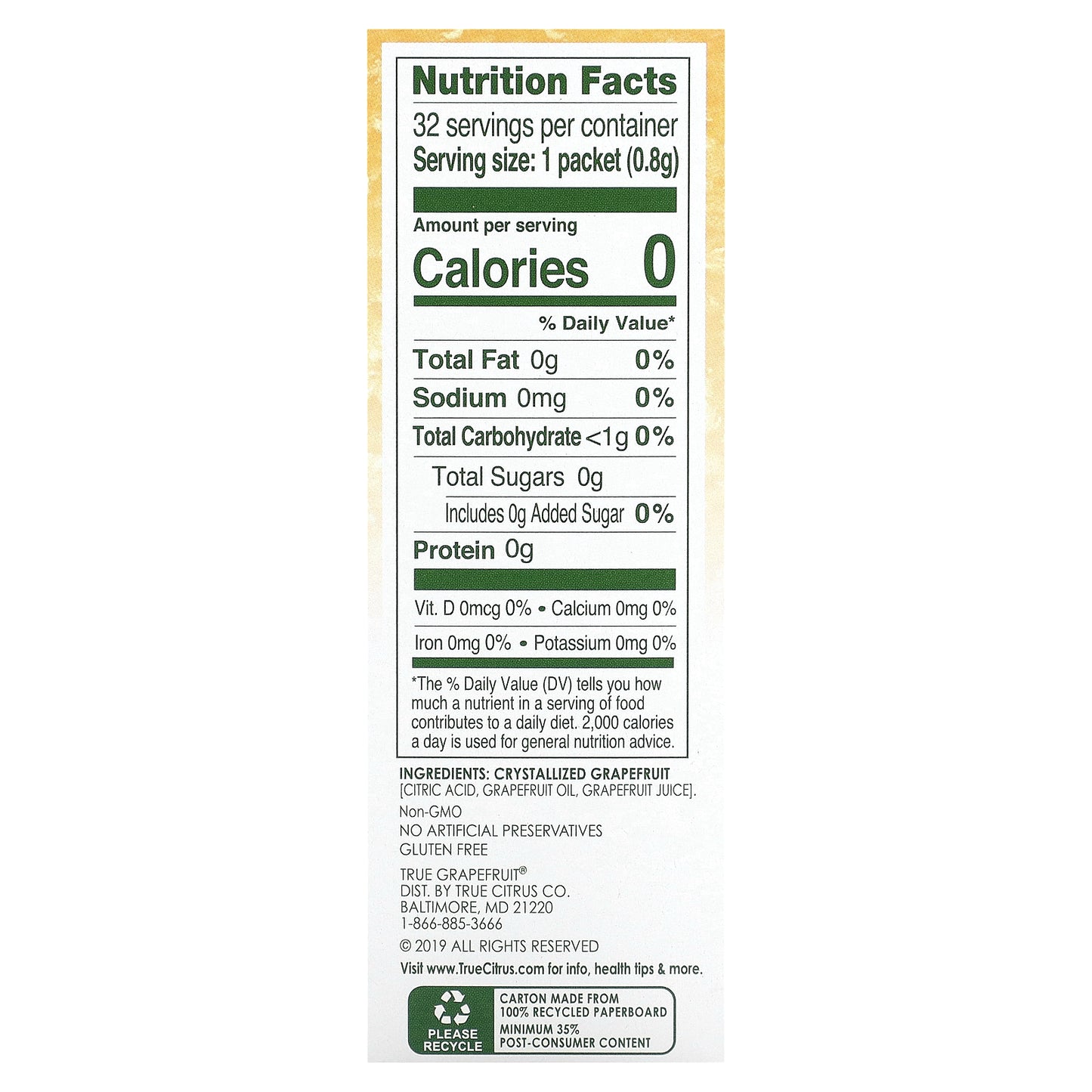 True Citrus, True Grapefruit, Crystallized Grapefruit, Unsweetened, 32 Packets .90 oz (25.6 g)