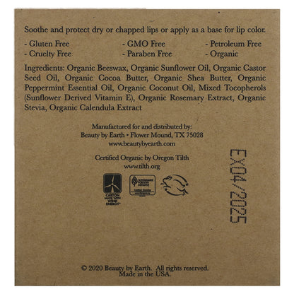 Beauty By Earth, Organic Beeswax Lip Balm, Peppermint, 4 Tubes, 0.15 oz Each