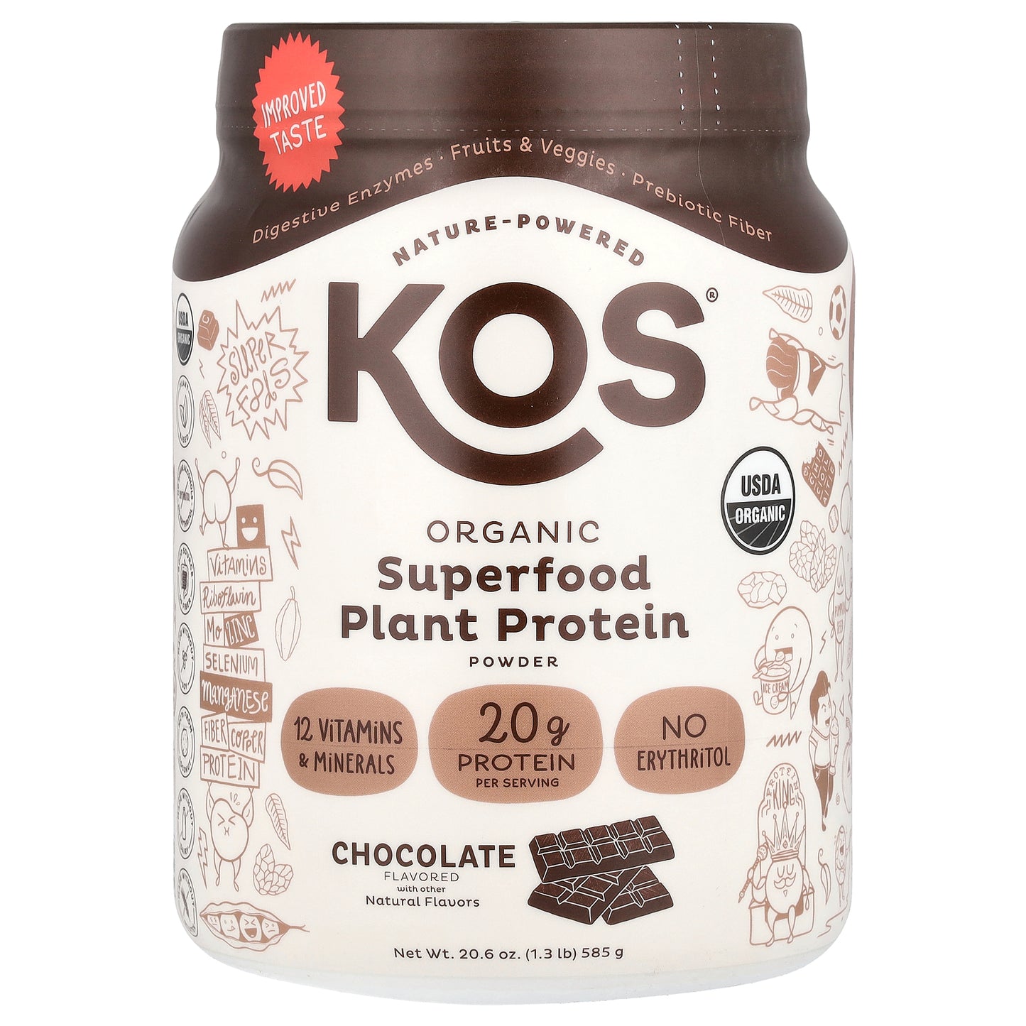 KOS, Organic Superfood Plant Protein Powder, Chocolate, 1.3 lb (585 g)