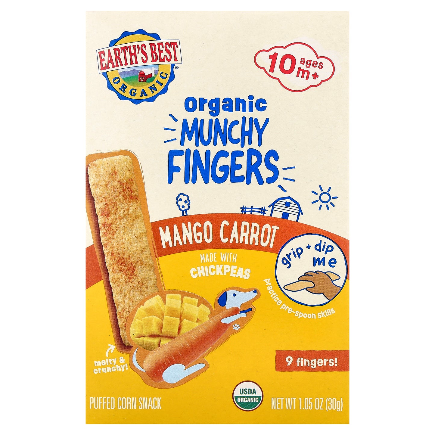 Earth's Best, Organic Munchy Fingers, Puffed Corn Snack, 10+ Months, Mango Carrot, 1.05 oz (30 g)