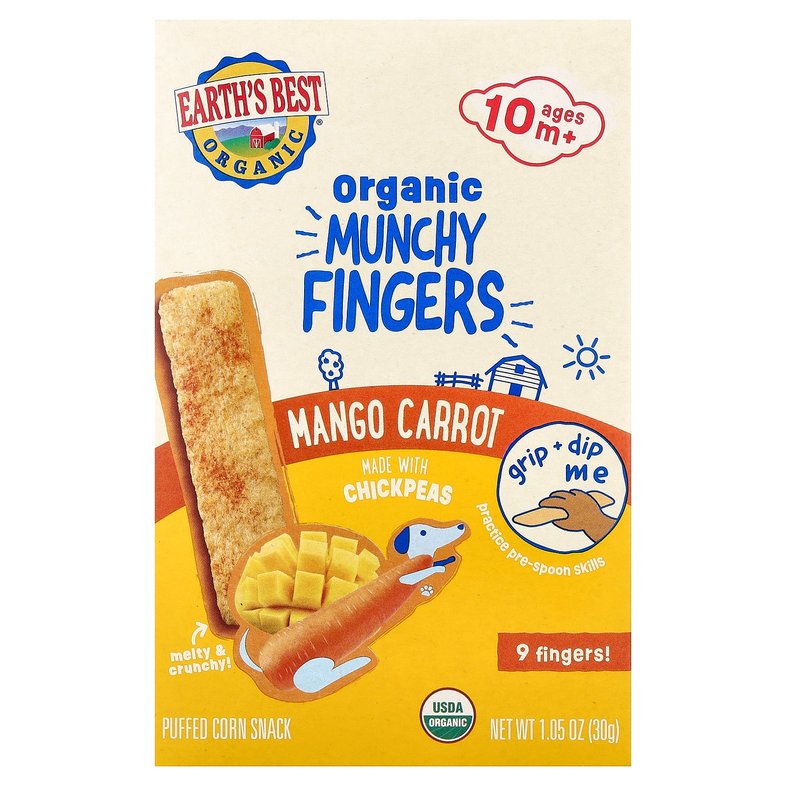 Earth's Best, Organic Munchy Fingers, Puffed Corn Snack, 10+ Months, Mango Carrot, 1.05 oz (30 g)