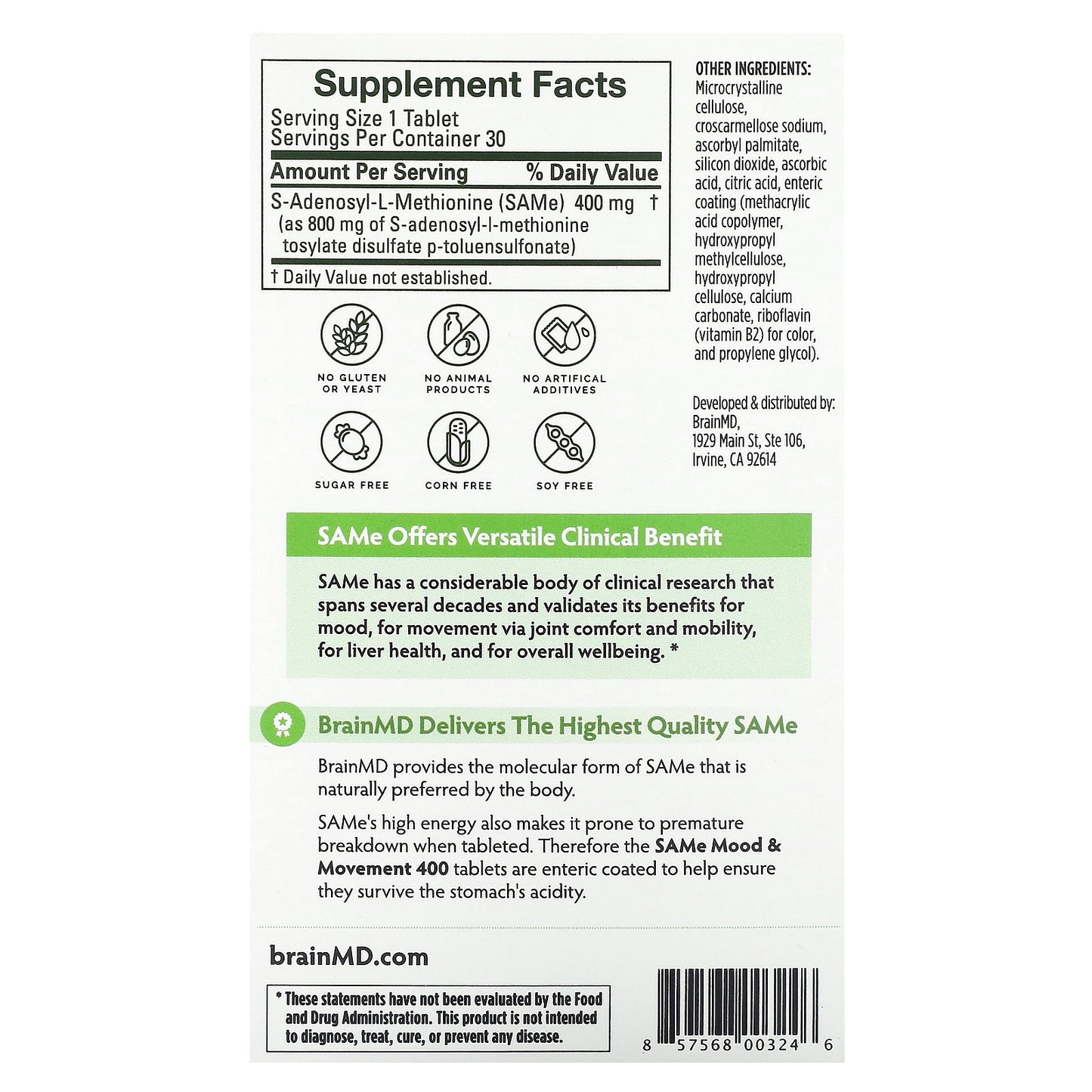 BrainMD, SAMe, Mood & Movement 400, 400 mg, 30 Enteric Coated Tablets