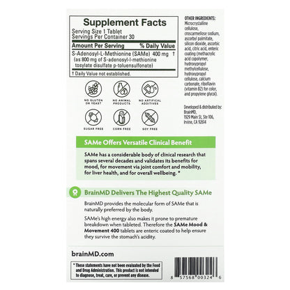 BrainMD, SAMe, Mood & Movement 400, 400 mg, 30 Enteric Coated Tablets