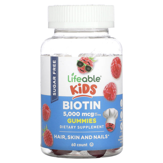 Lifeable, Kids Biotin Gummies, Sugar Free, Natural Raspberry, 5,000 mcg, 60 Gummies (2,500 mcg per Gummy)