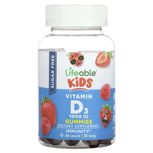 Lifeable, Kids Vitamin D3 Gummies, Sugar Free, Natural Berry, 25 mcg (1,000 IU), 60 Gummies