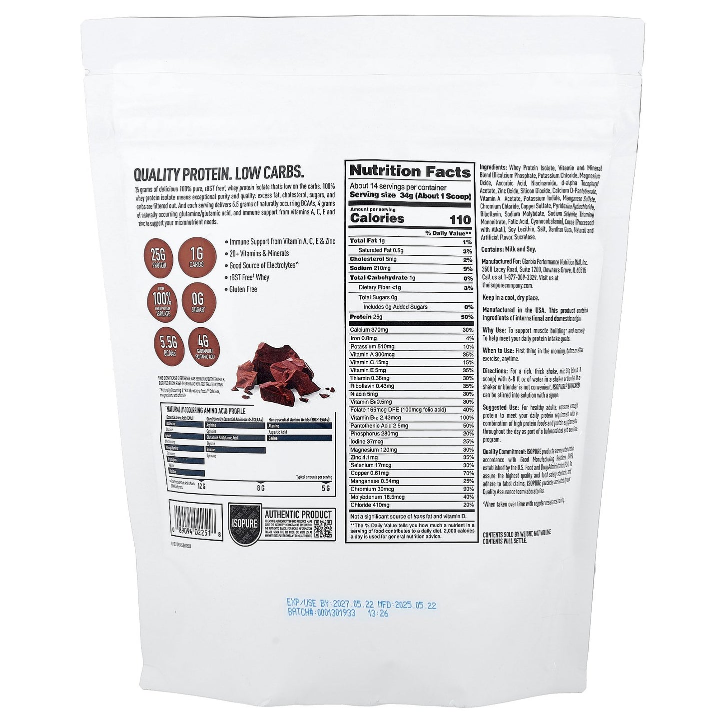 Isopure, Low Carb Protein Powder, Dutch Chocolate, 1.04 lb (476 g)
