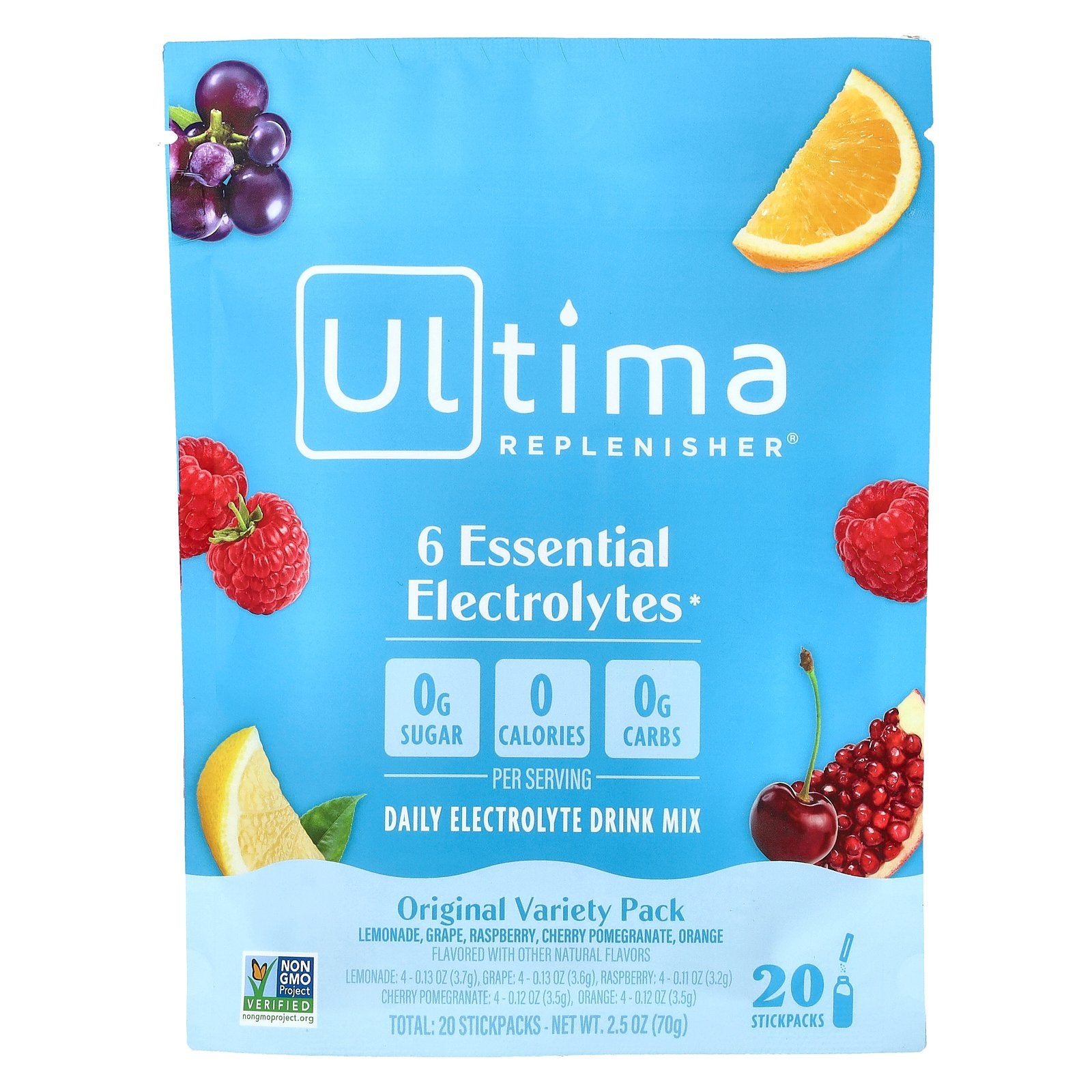 Ultima Replenisher, 6 Essential Electrolytes, Daily Electrolyte Drink Mix, Original Variety Pack, 20 Stickpacks, 2.5 oz (70 g)