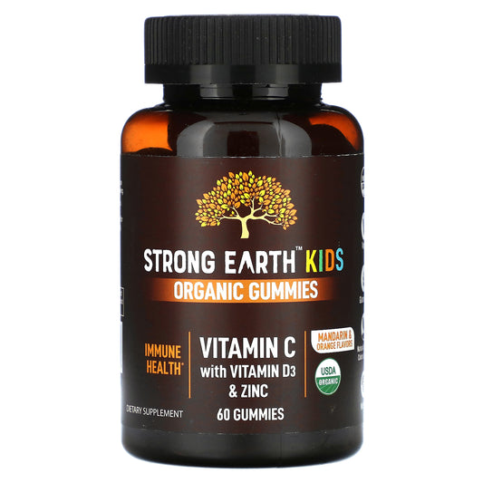 YumVs, Strong Earth Kids Organic Gummies, Vitamin C with Vitamin D3 & Zinc, Mandarin & Orange, 60 Gummies