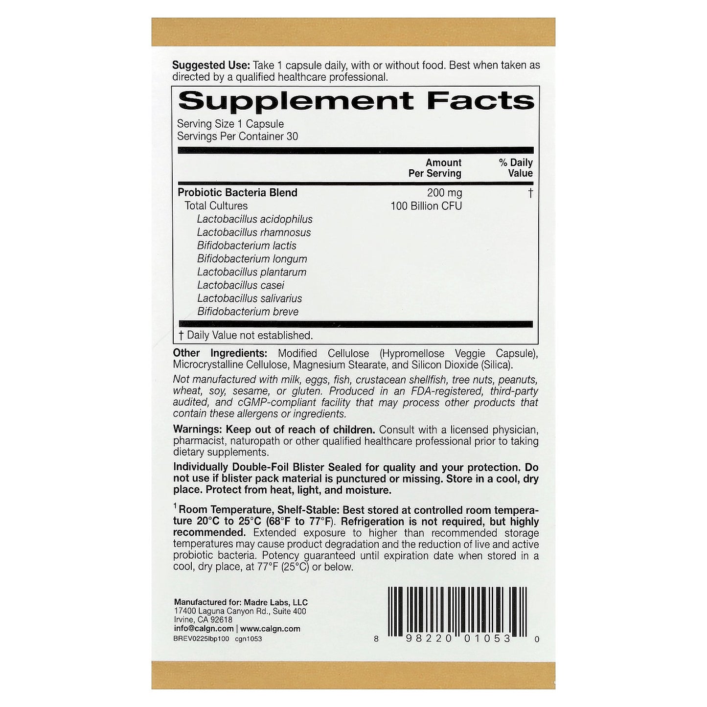 California Gold Nutrition, LactoBif® 100 Probiotics, 100 Billion CFU, 30 Veggie Capsules