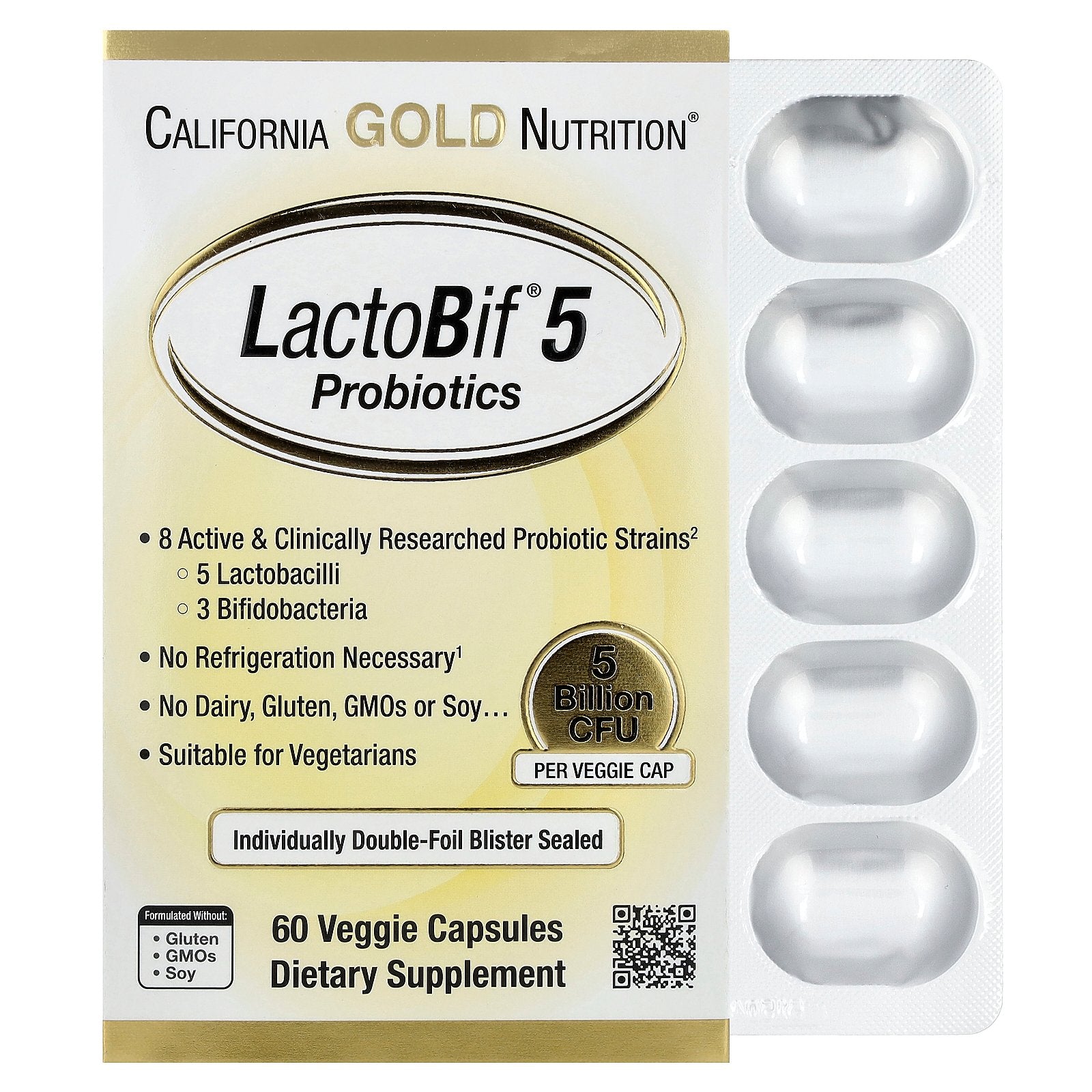 California Gold Nutrition, LactoBif® 5 Probiotics, 5 Billion CFU, 60 Veggie Capsules