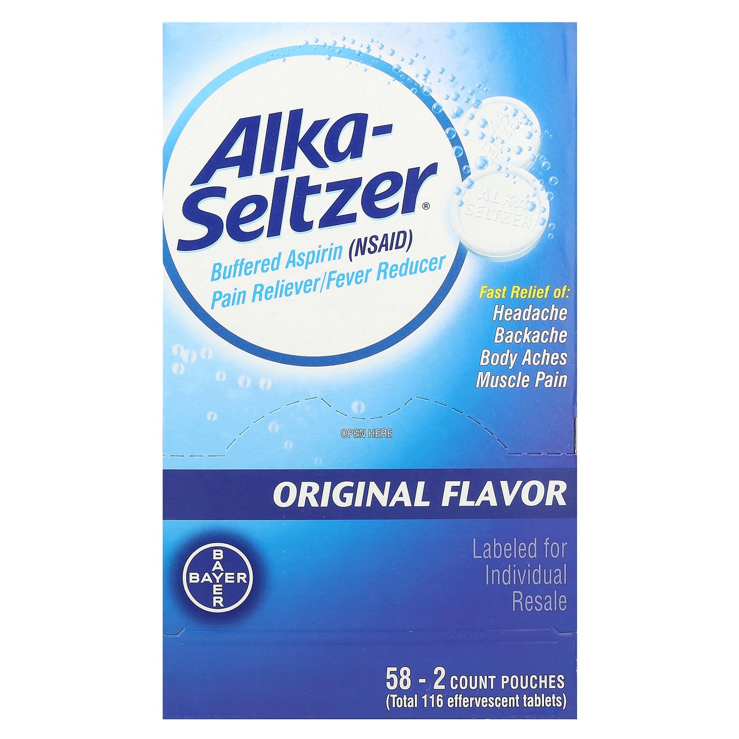 Alka-Seltzer, Buffered Aspirin (NSAID) Pain Reliever/Fever Reducer, Original, 325 mg , 58 Pouches, 2 Count Each