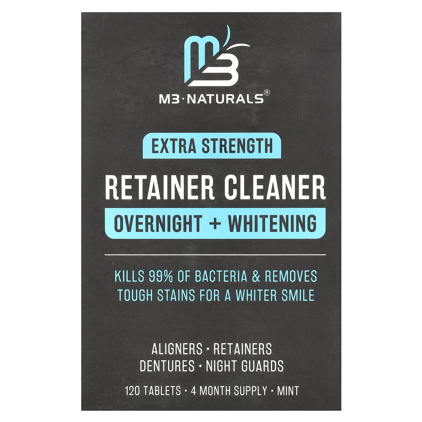 M3, Retainer Cleaner, Overnight + Whitening, Mint, 120 Tablets