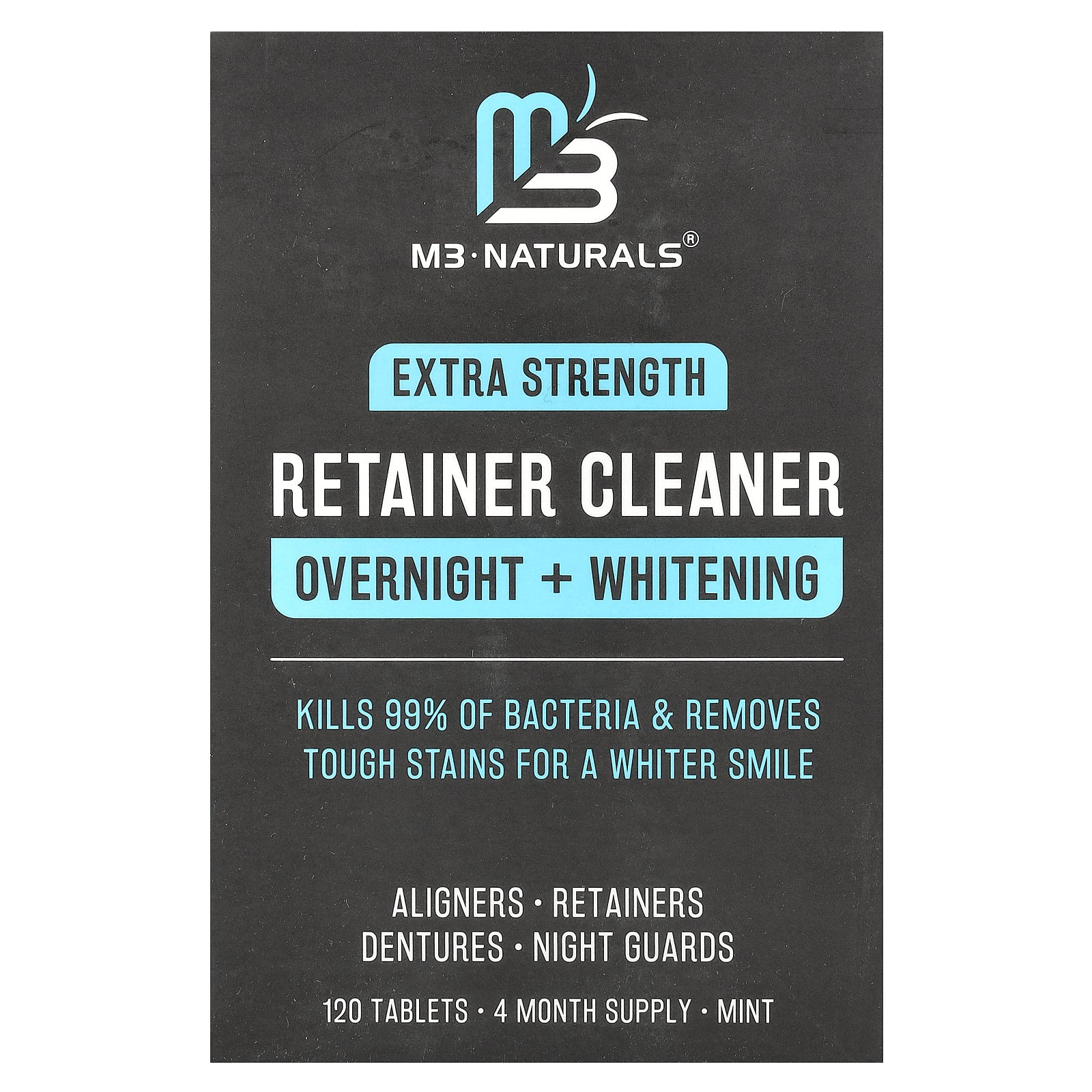 M3, Retainer Cleaner, Overnight + Whitening, Mint, 120 Tablets