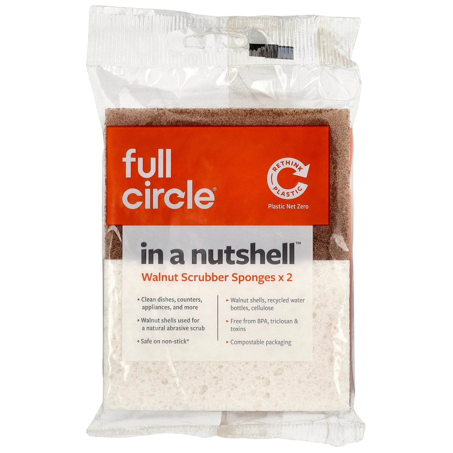 Full Circle, In a Nutshell™, Walnut Scrubber Sponges, 2 Sponges, 4.4" x 2.75" (11.2 cm x 7 cm) Each