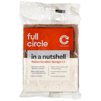 Full Circle, In a Nutshell™, Walnut Scrubber Sponges, 2 Sponges, 4.4" x 2.75" (11.2 cm x 7 cm) Each