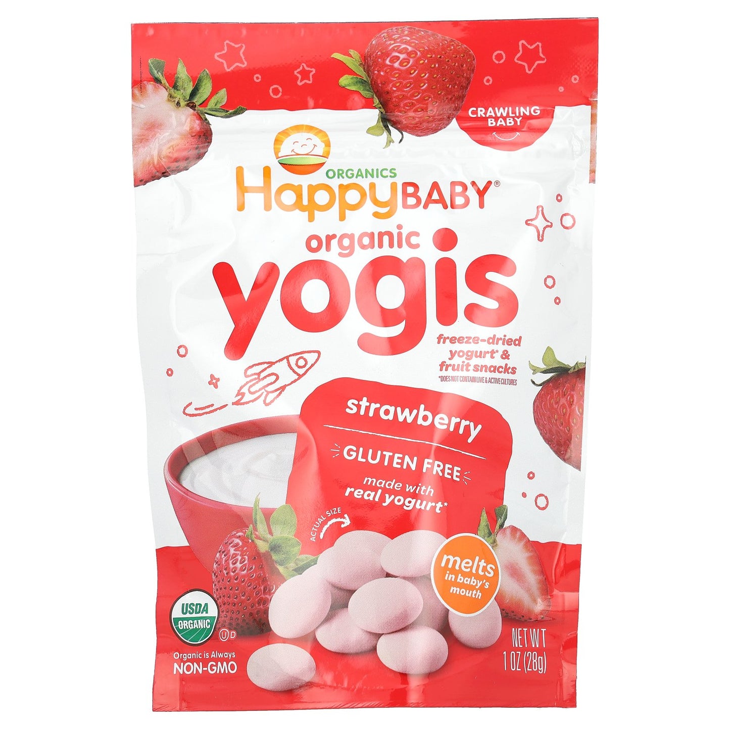 Happy Family Organics, Happy Baby®, Organic Yogis, Freeze Dried Yogurt & Fruit Snacks, Crawling Baby, Strawberry, 1 oz (28 g)