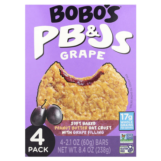 Bobo's Oat Bars, PB&Js, Grape, 4 Bars, 2.1 oz (60 g) Each
