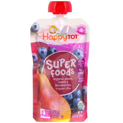 Happy Family Organics, Happy Tot, Super Foods, Stage 4, Organic Pears, Beets & Blueberries + Super Chia, 4 Pack, 4.22 oz (120 g) Each