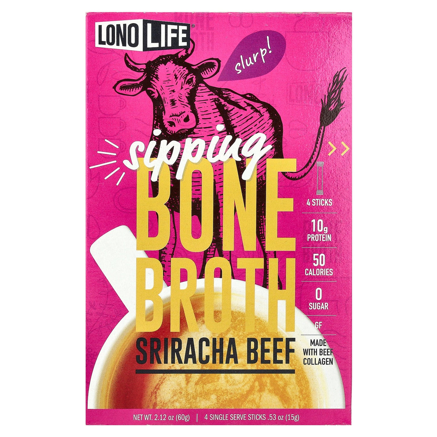 Lonolife, Sipping Bone Broth, Sriracha Beef, 4 Single Serve Sticks, 0.53 oz (15 g) Each