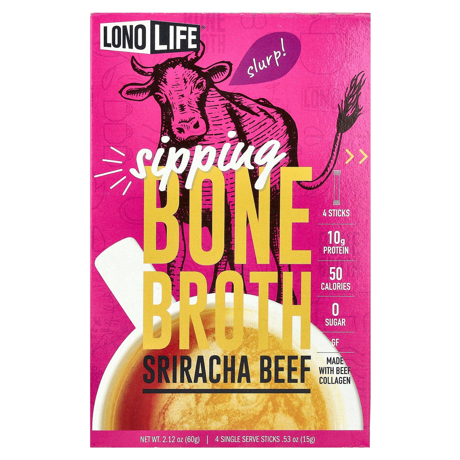 Lonolife, Sipping Bone Broth, Sriracha Beef, 4 Single Serve Sticks, 0.53 oz (15 g) Each