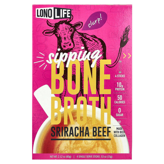 Lonolife, Sipping Bone Broth, Sriracha Beef, 4 Single Serve Sticks, 0.53 oz (15 g) Each