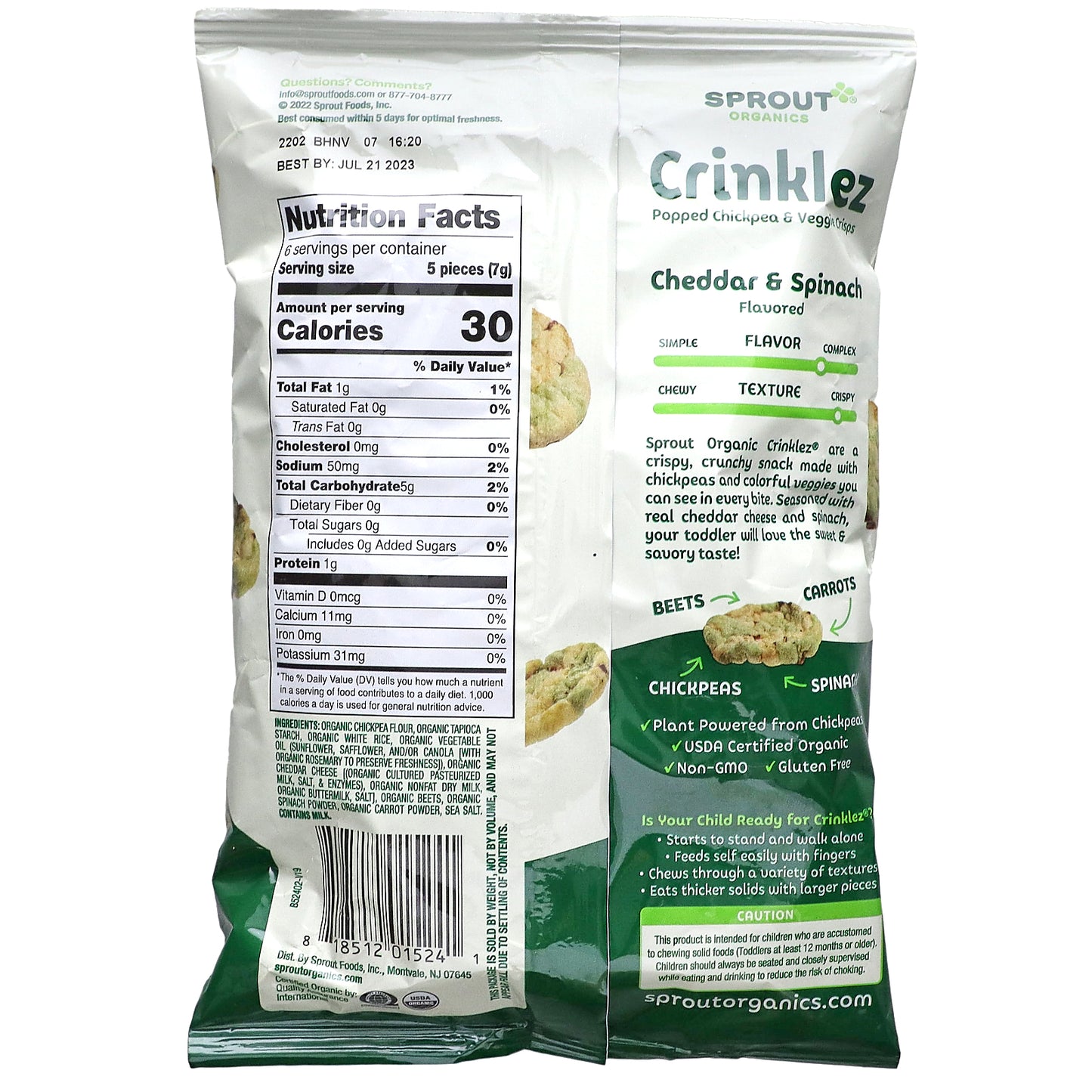 Sprout Organics, Crinklez, Organic Popped Chickpea & Veggie Crisp, 12 Months & Up, Cheddar & Spinach, 1.48 oz (42 g)