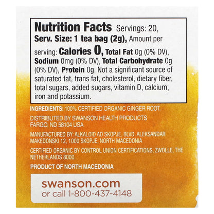 Swanson, 100% Organic Ginger Root Tea, Caffeine-Free, 20 Tea Bags, 1.4 oz (40 g)