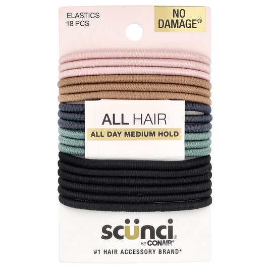 Scunci, No Damage® Elastics, All Hair, All Day Medium Hold, 18 Pieces