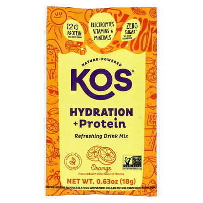 KOS, Hydration + Protein, Refreshing Drink Mix, Orange , 7 Packets, 0.65 oz (18 g) Each
