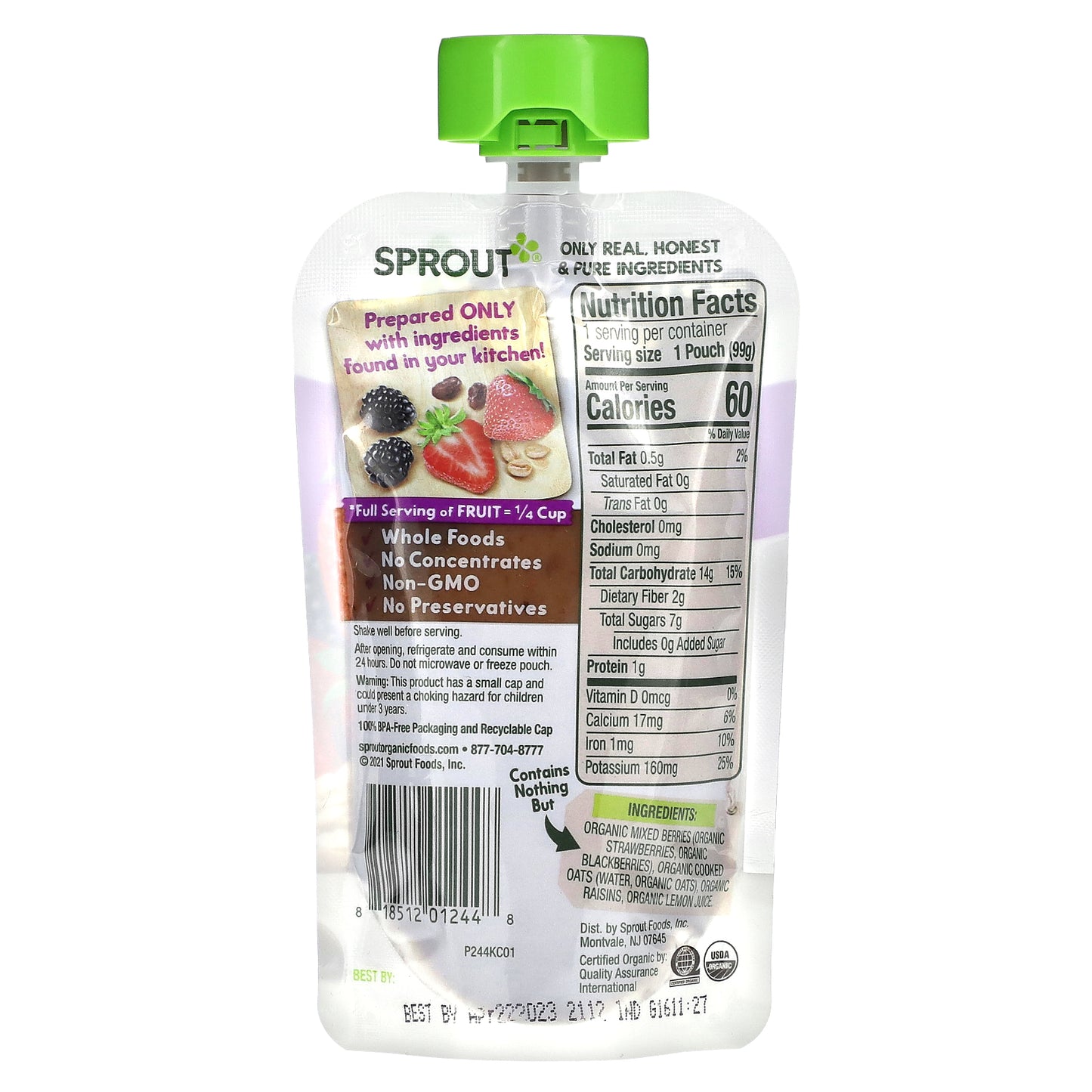 Sprout Organics, Baby Food, 6 Months & Up, Mixed Berry Oatmeal, 3.5 oz (99 g)