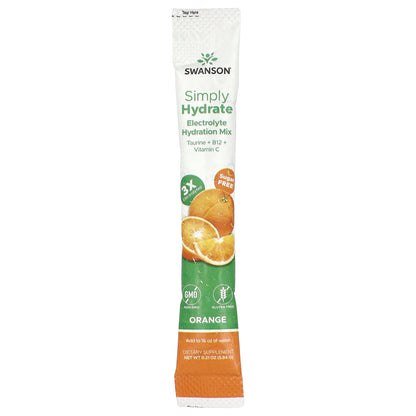 Swanson, Simply Hydrate, Electrolyte Hydration Mix, Orange, 8 Stick Packs 0.21 oz (5.84 g) Each