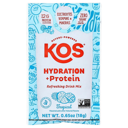 KOS, Hydration + Protein, Refreshing Drink Mix, Tropical , 7 Packets, 0.65 oz (18 g) Each