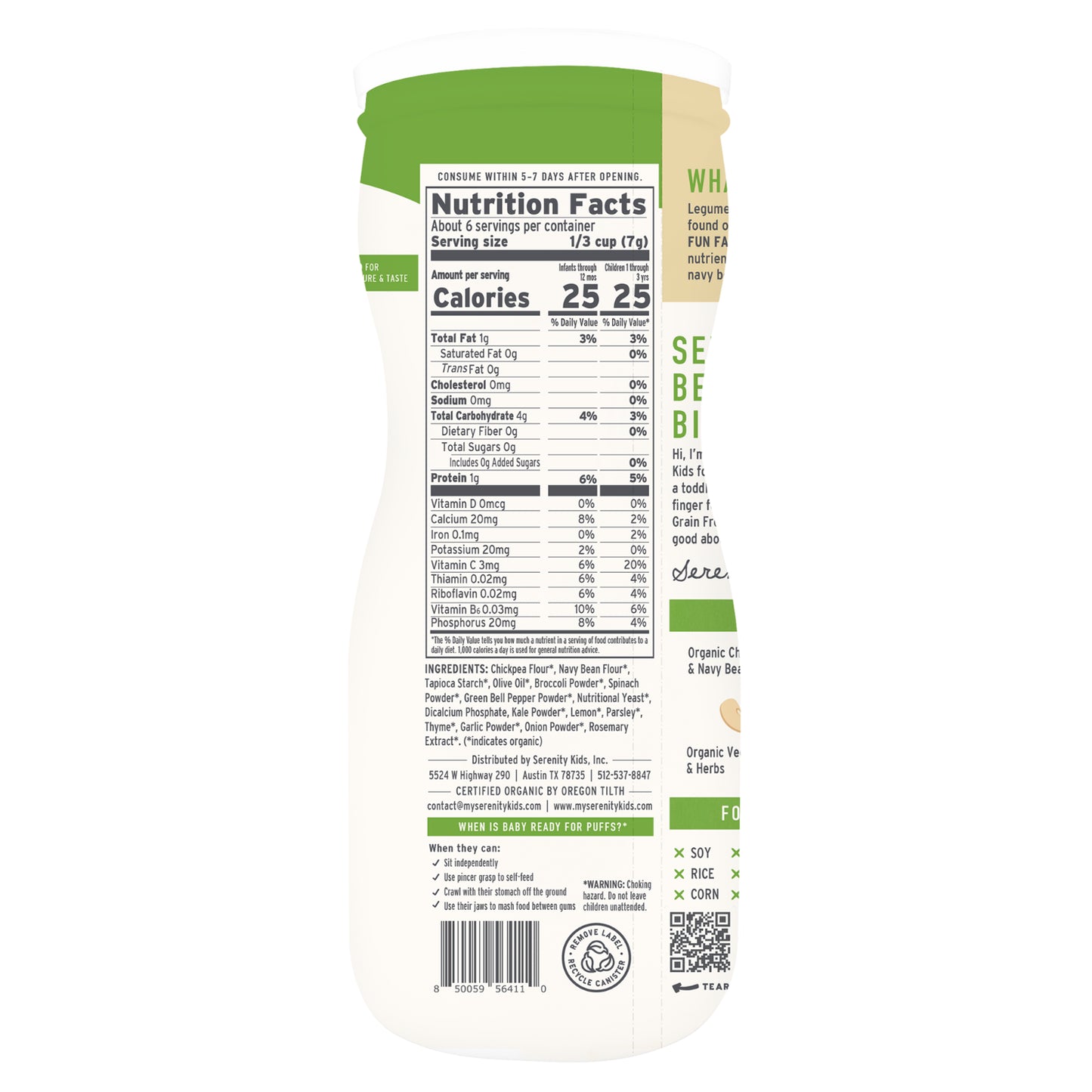 Serenity Kids, Organic Grain Free Puffs, Broccoli & Spinach, 1.5 oz (42 g)