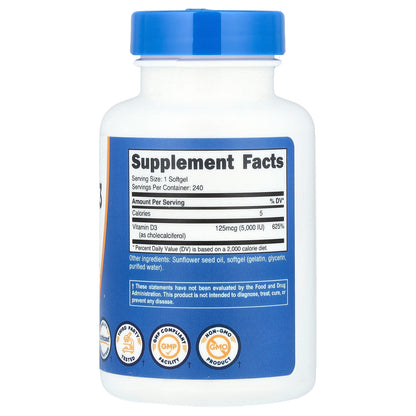 Nutricost, Vitamin D3, 125 mcg (5,000 IU), 240 Softgels