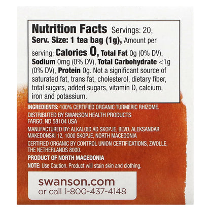 Swanson, 100% Organic Turmeric Tea, Caffeine-Free, 20 Tea Bags, 0.7 oz (20 g)