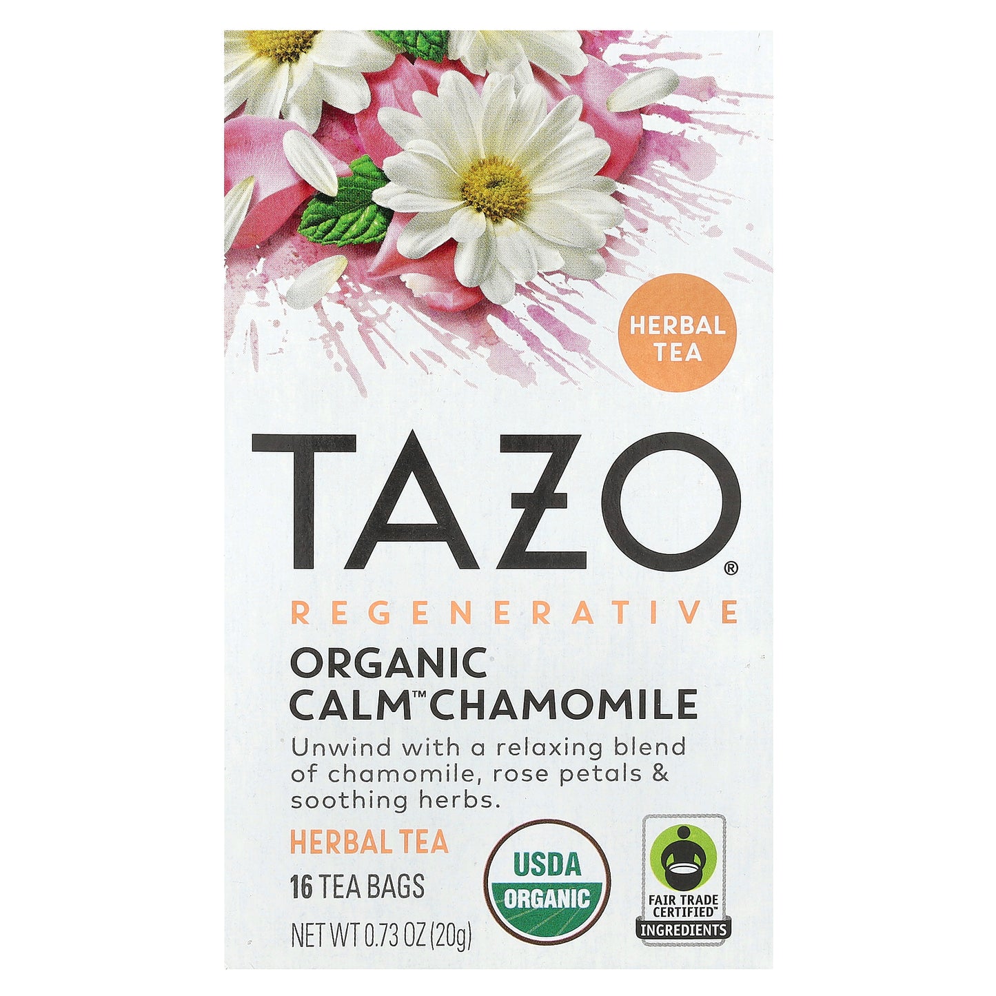 TAZO, Regenerative, Herbal Tea, Organic Calm Chamomile, Caffeine Free, 16 Tea Bags, 0.73 oz (20 g)