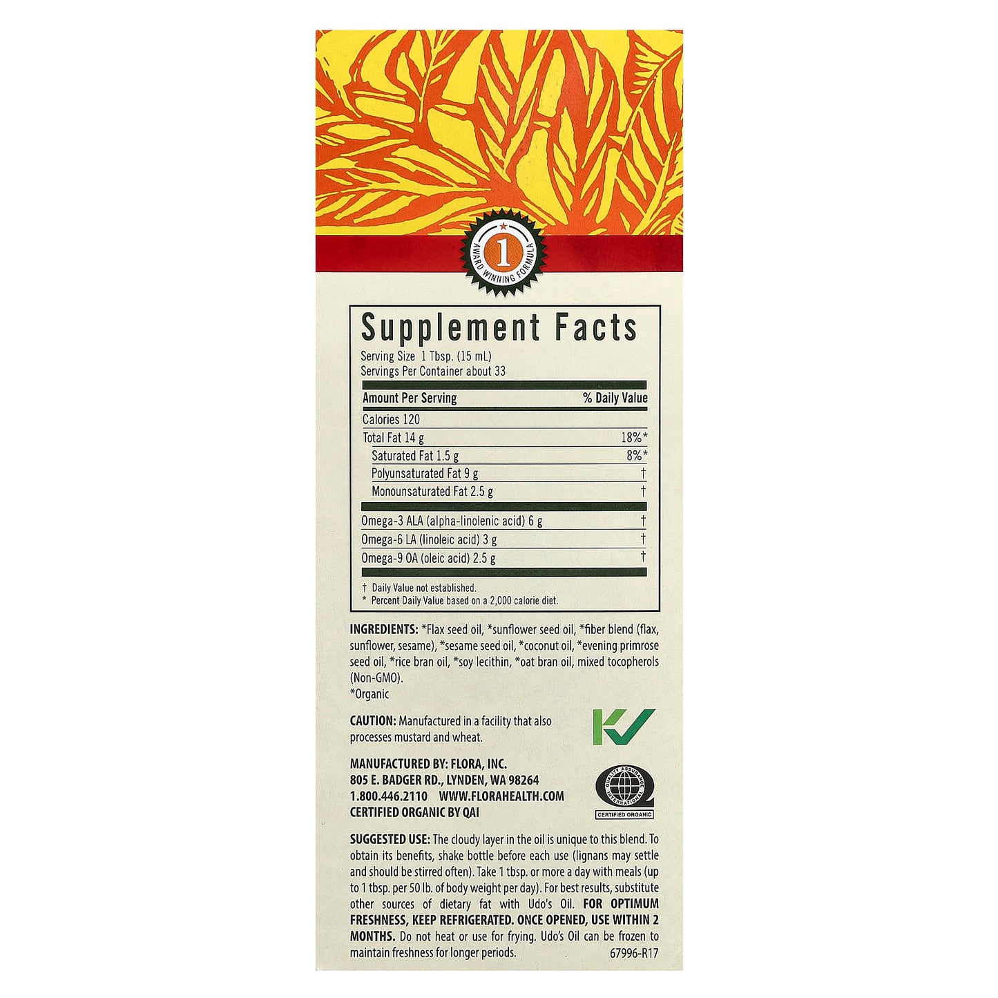 Flora, Udo's Choice, Certified Organic Udo's Oil, High Lignan 3-6-9 Blend, 17 fl oz (500 ml)