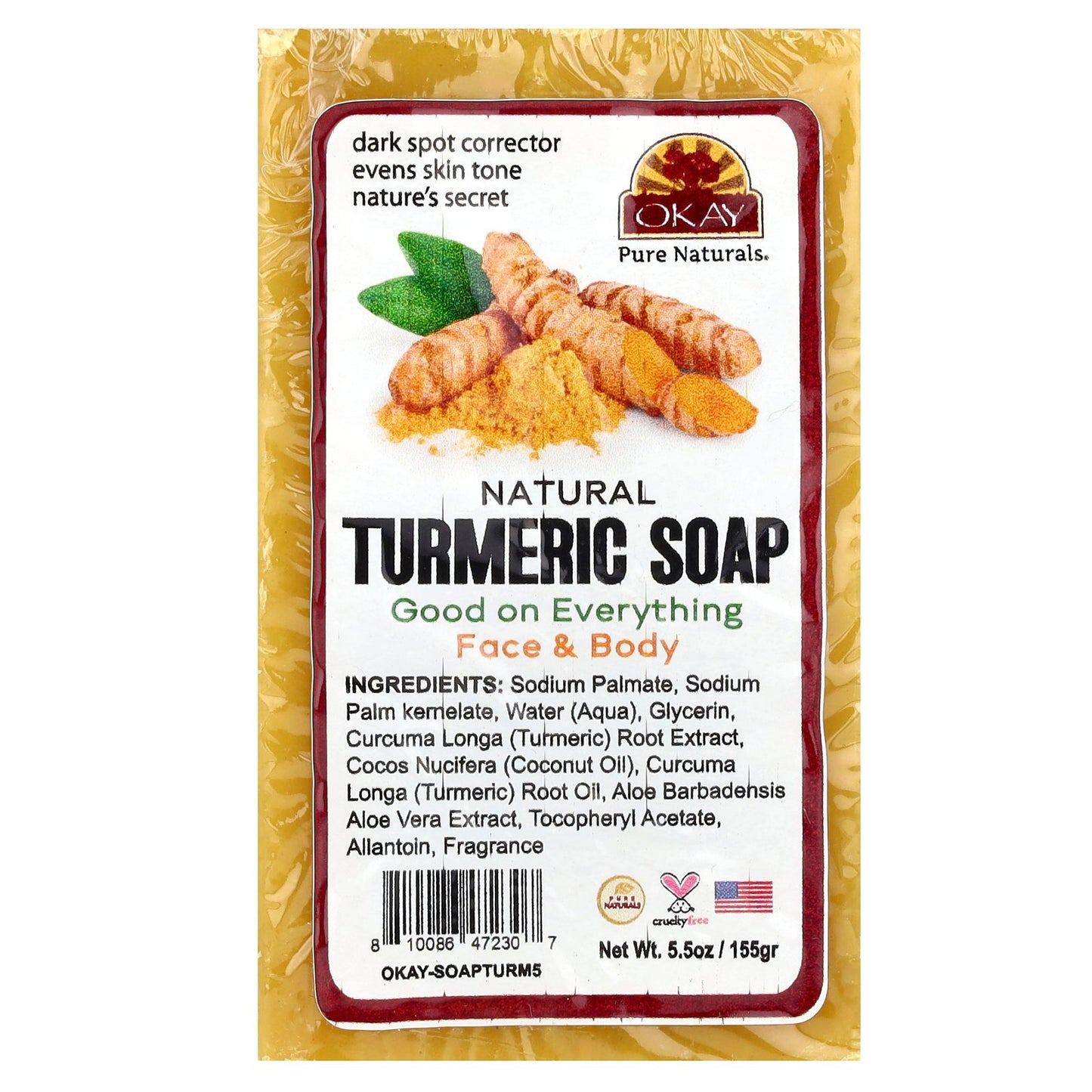Okay Pure Naturals, Natural Turmeric Bar Soap, Face & Body, 5.5 oz (155 g)